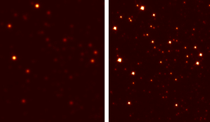 (Click to enlarge) While this region of Galactic Globular Cluster M3 appears to harbor only a few fuzzy stars when viewed through conventional ground-based telescope optics (left), laser adaptive optics brings out the fainter stars and makes the image sharper (right). (Photo: M. Hart) (Click to enlarge) While this region of Galactic Globular Cluster M3 appears to harbor only a few fuzzy stars when viewed through conventional ground-based telescope optics (left), laser adaptive optics brings out the fainter stars and makes the image sharper (right). (Photo: M. Hart)